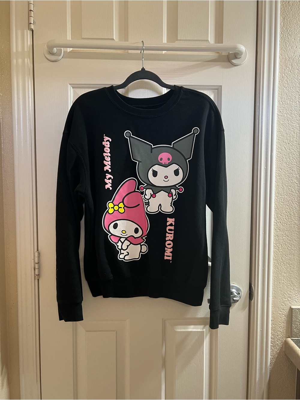 Sanrio Black Crewneck with Kuromi & My Melody Pink Accents